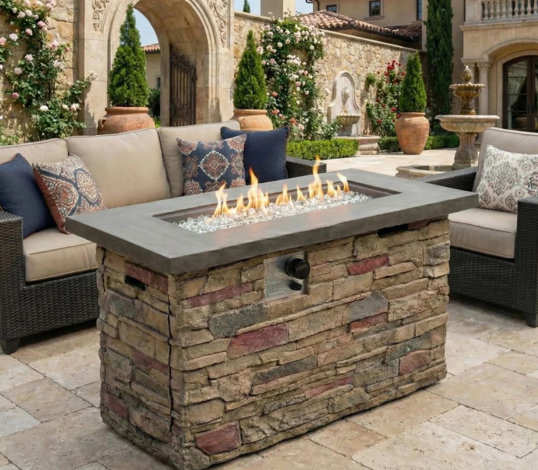 Heatstone Sierra 42” Stone Fire Pit Table – 50,000 BTU Propane Gas