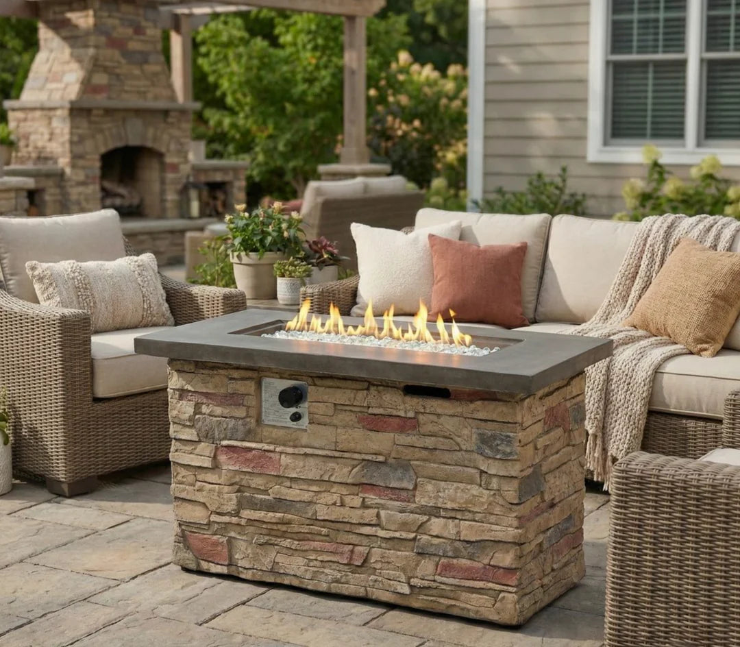 Heatstone Sierra 42” Stone Fire Pit Table – 50,000 BTU Propane Gas