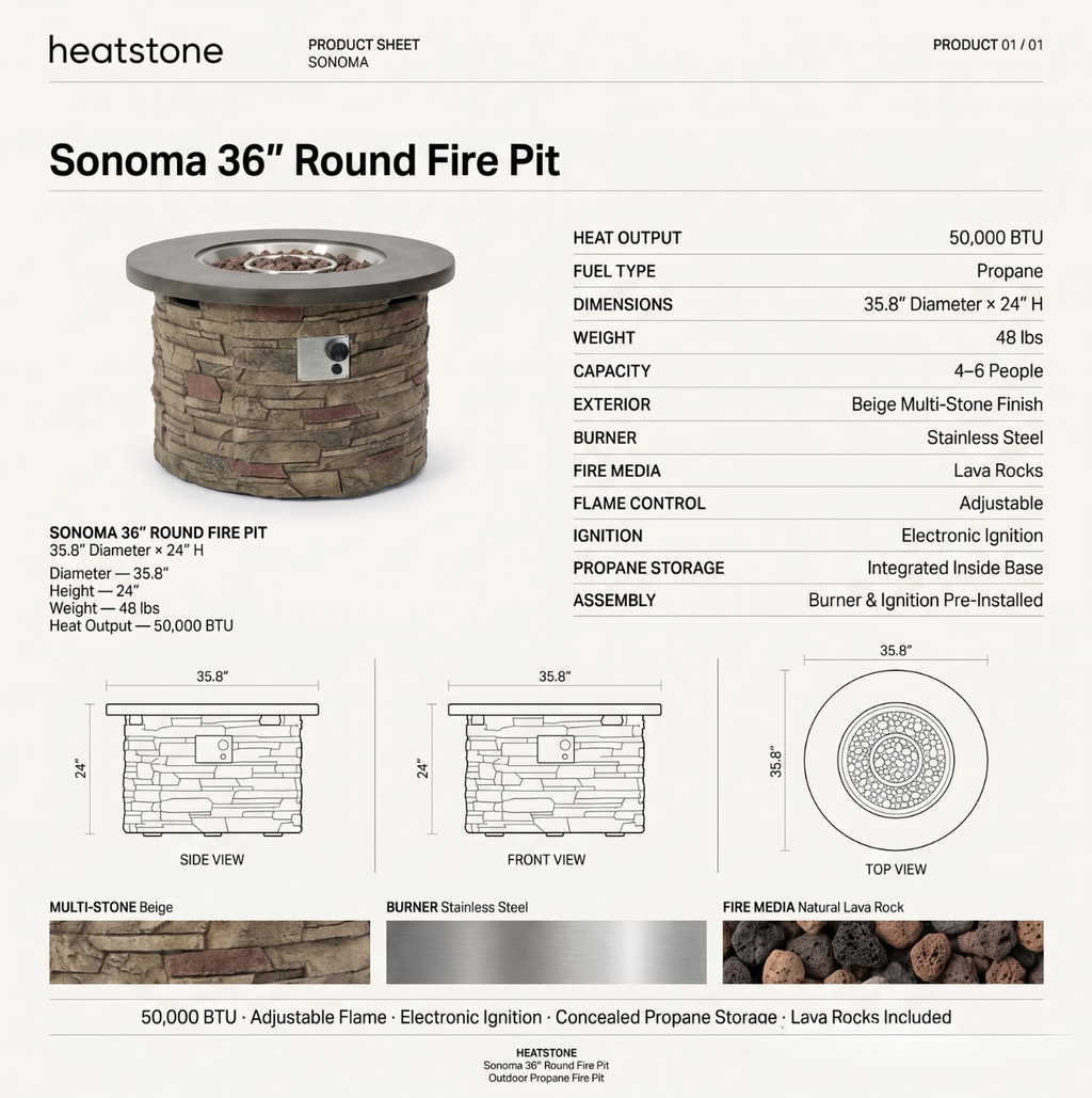 Sonoma 36" Round Stone Propane Fire Pit Table | Heatstone