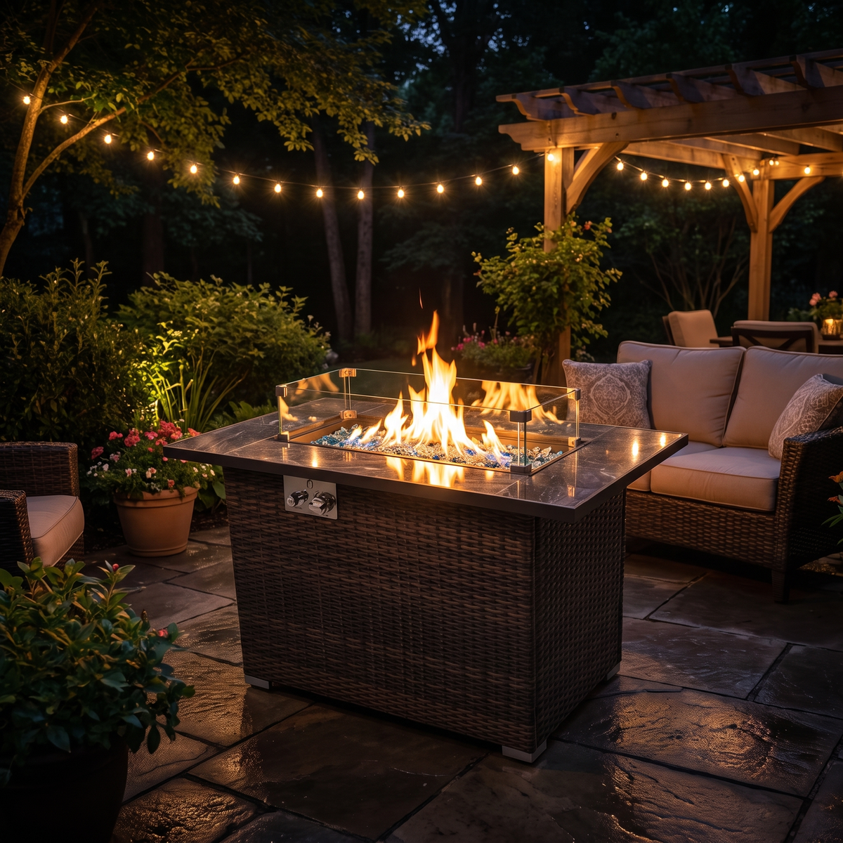 Heatstone Riviera 44” Wicker Fire Pit Table – 50,000 BTU Propane Gas
